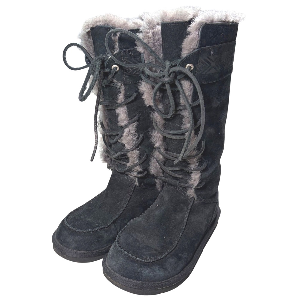 Y2K UGG Sunburst Tall Black Suede Sheepskin Lace Up Boots 3331 Womens 6